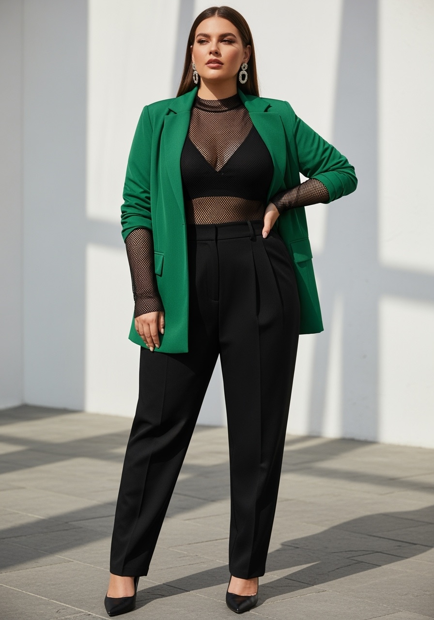 Daring plus-size woman in emerald green tailored blazer