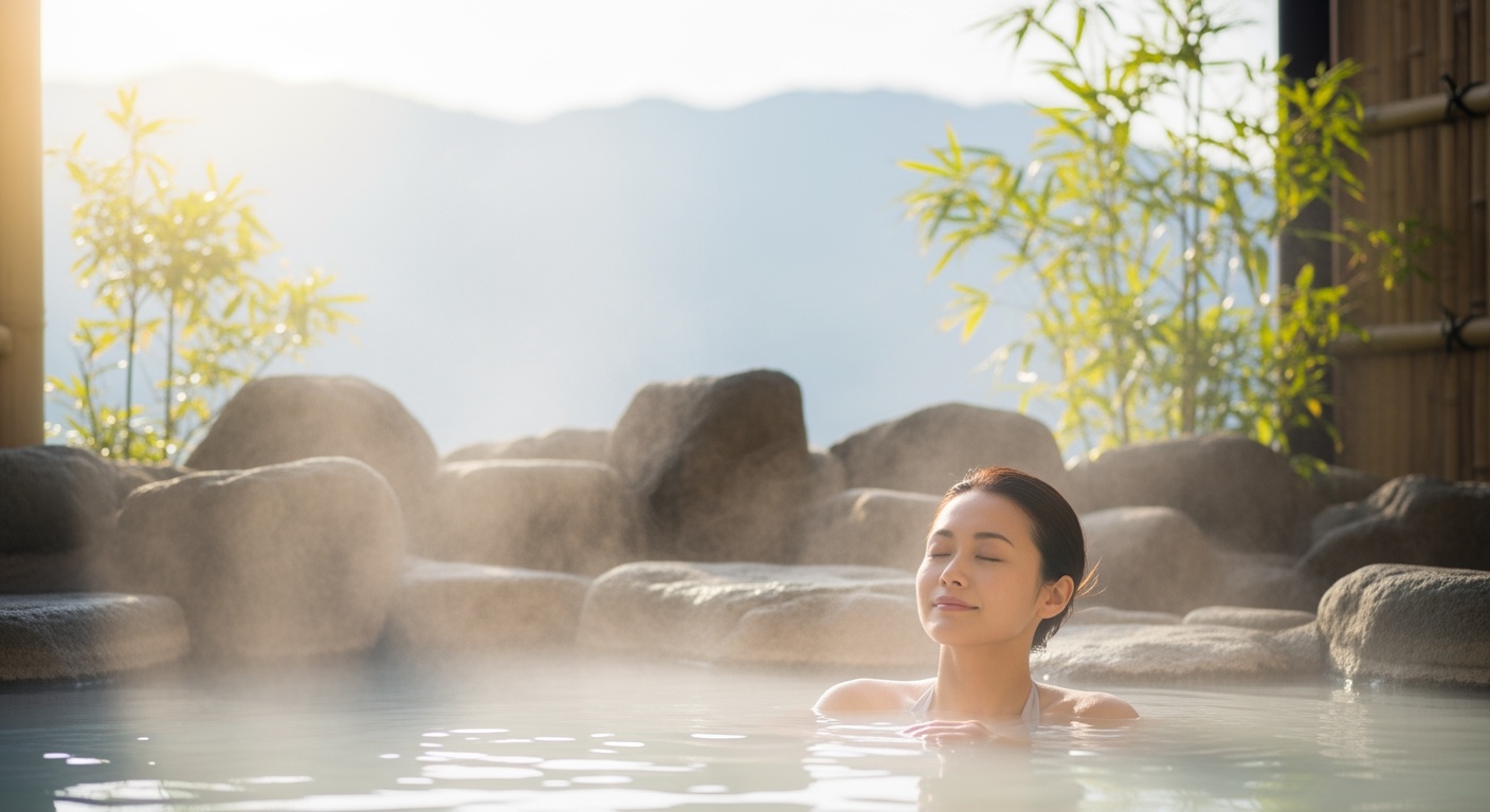 温泉リトリートで心を整える女性