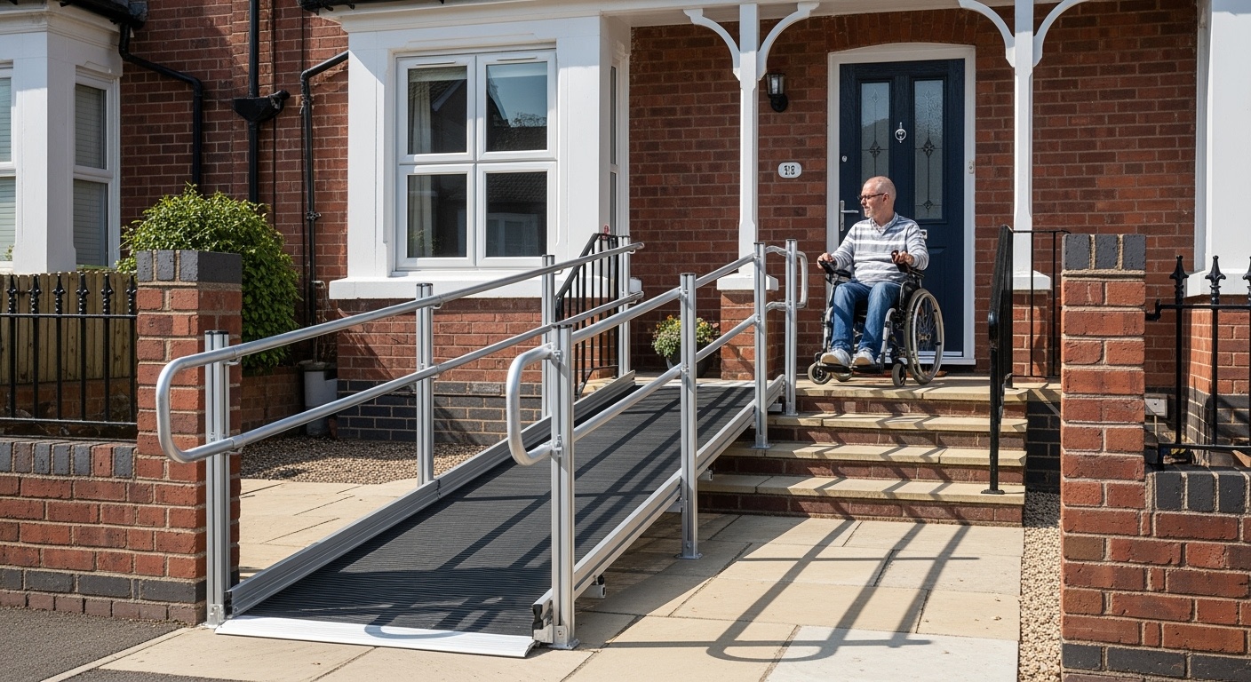 Modular wheelchair ramp installed at UK home with aluminum railings