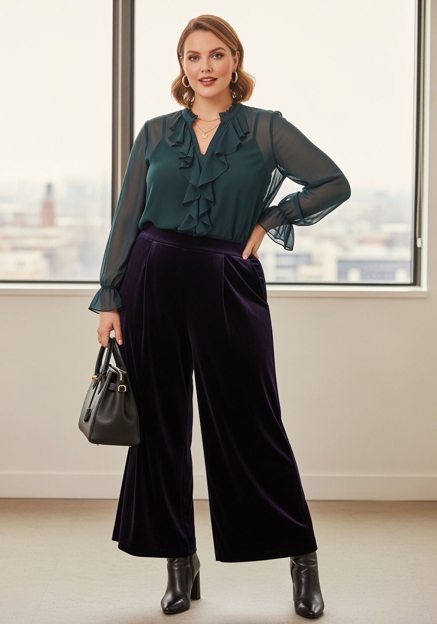 Sophisticated plus-size woman in sheer ruffled blouse