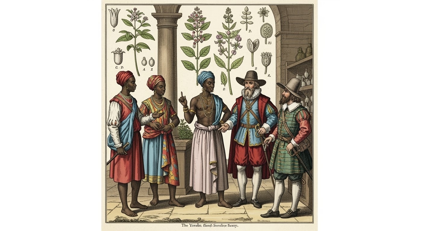 16th century illustration of Yoruba healers interacting with European explorers, exchanging herbal knowledge, detailed botanical illustrations in background, historical scene, cultural exchange, educational imagery