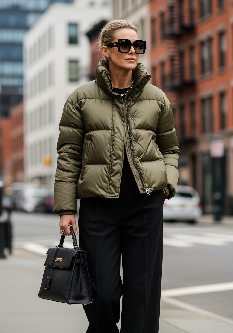 Bold metallic olive puffer with tailored wide-leg pants