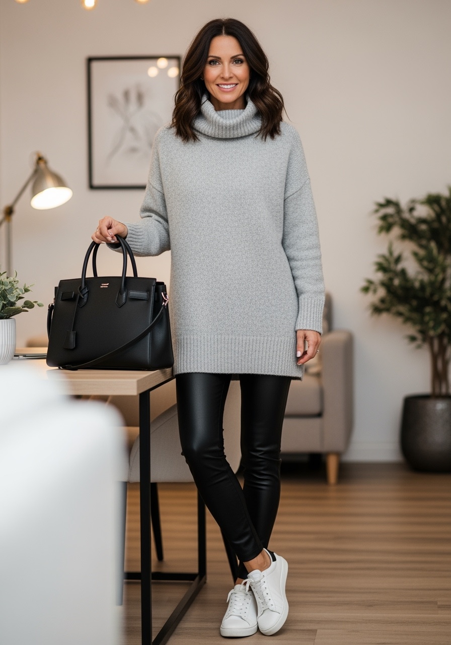 Modern gray turtleneck with leather leggings and white sneakers