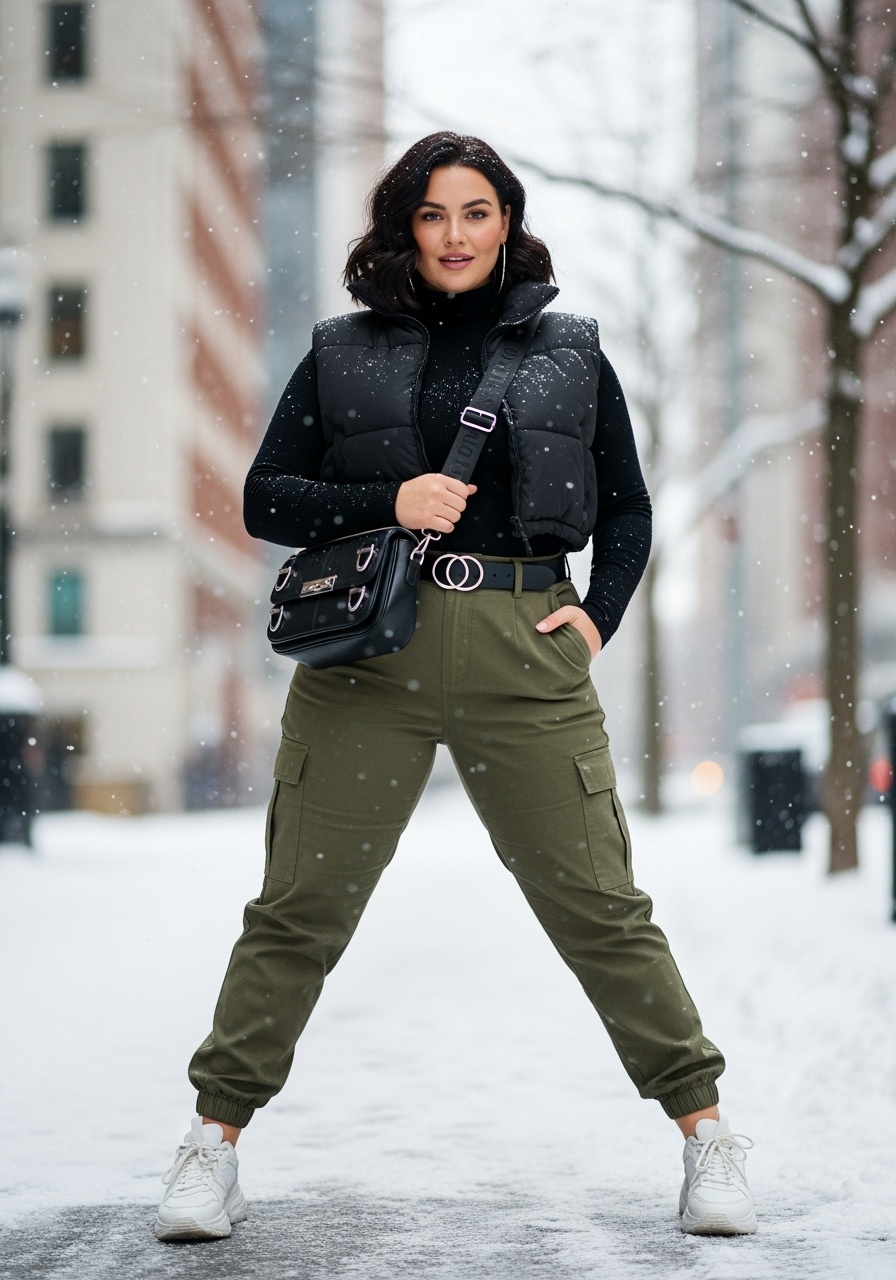 Fashion-forward plus-size lady in olive cargo pants
