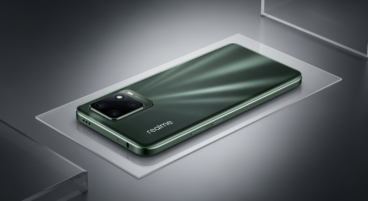 Realme C71 smartphone design elegante verde metallico su superficie riflettente
