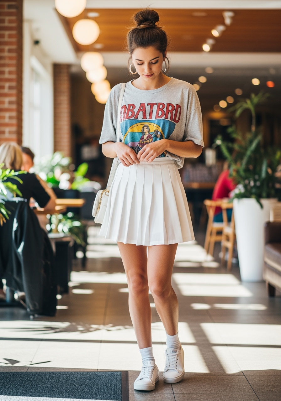 White Pleated Tennis Skirt & Loose Graphic Top