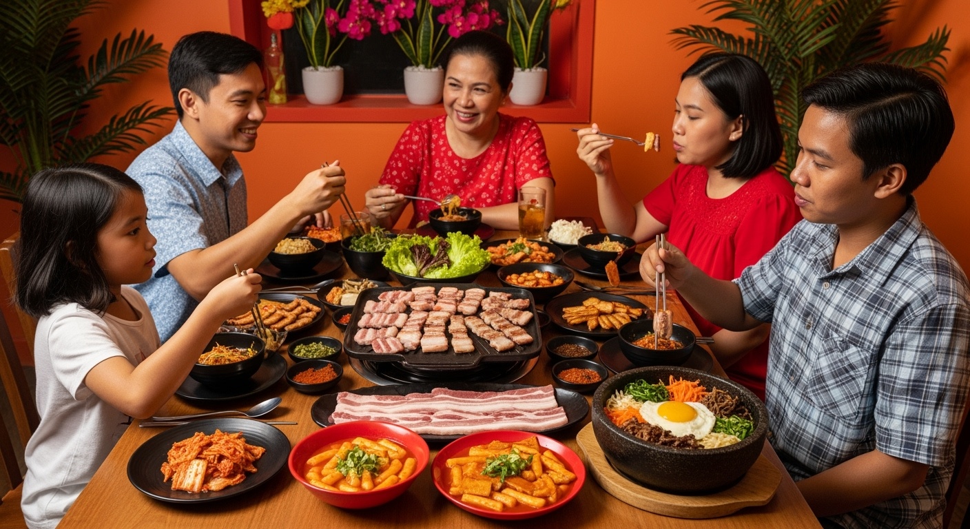 Filipino Family Enjoying Korean Food - Samgyeopsal Tteokbokki Kimchi Bibimbap Table" 필리핀 가족이 한식 즐기는 모습 - 삼겹살 떡볶이 김치 비빔밥이 있는 식탁
