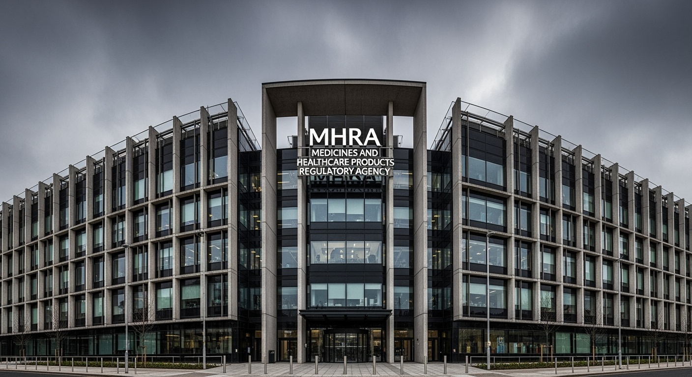 Siège de la MHRA sous un ciel orageux symbolisant les controverses
