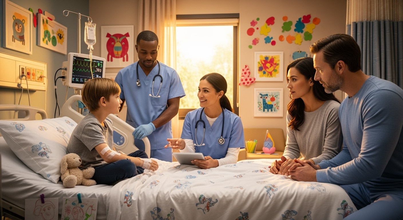 병원에서 치료받는 어린이와 희망적인 의료진