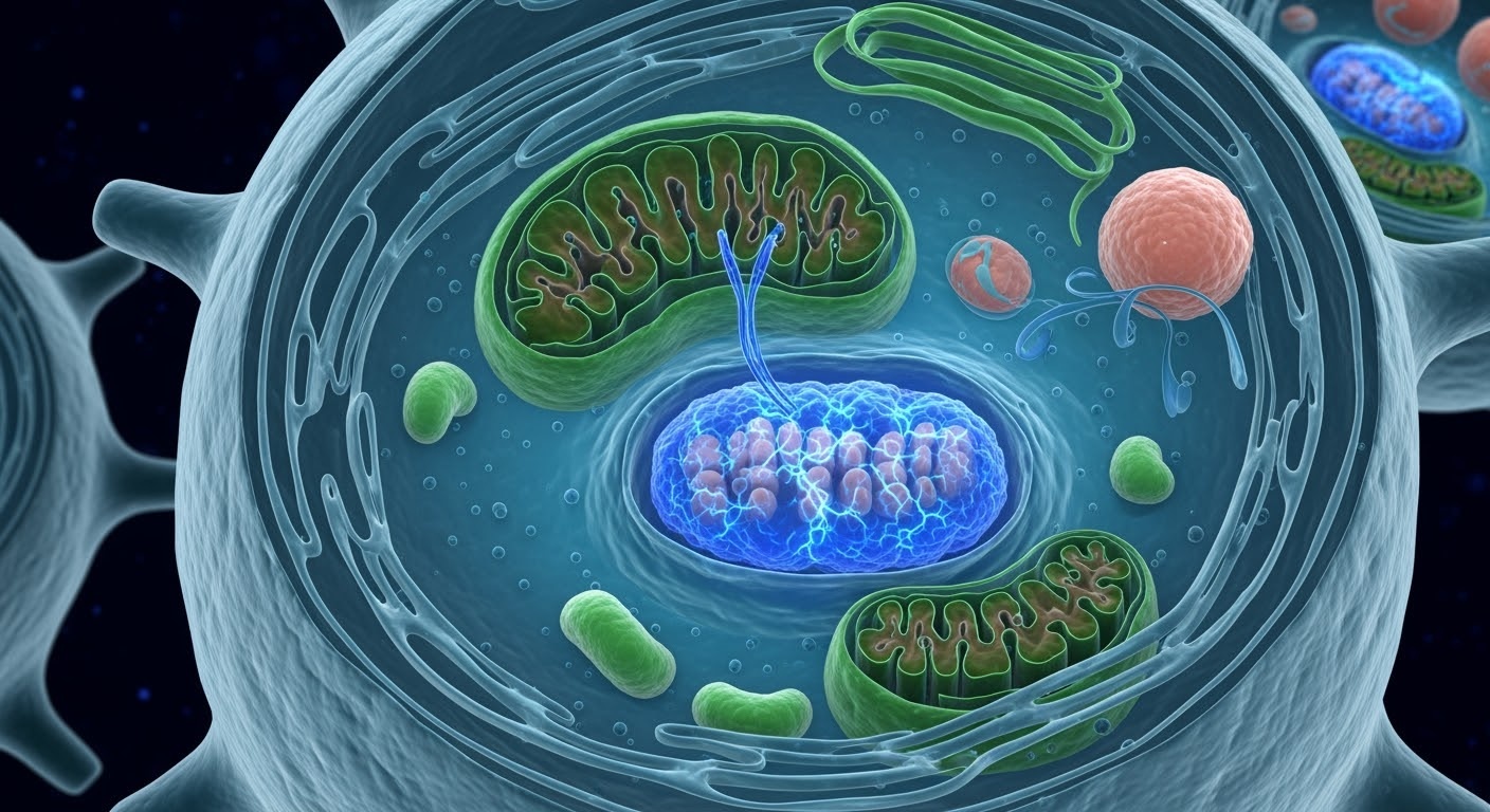 Cellular mitochondria and energy pathways illustration