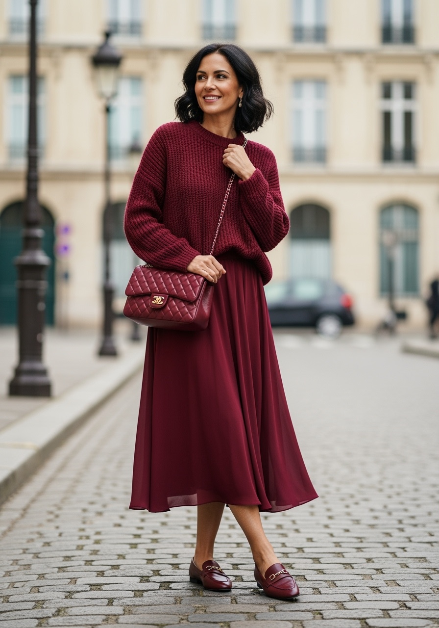 Sophisticated burgundy ensemble with matching accessories