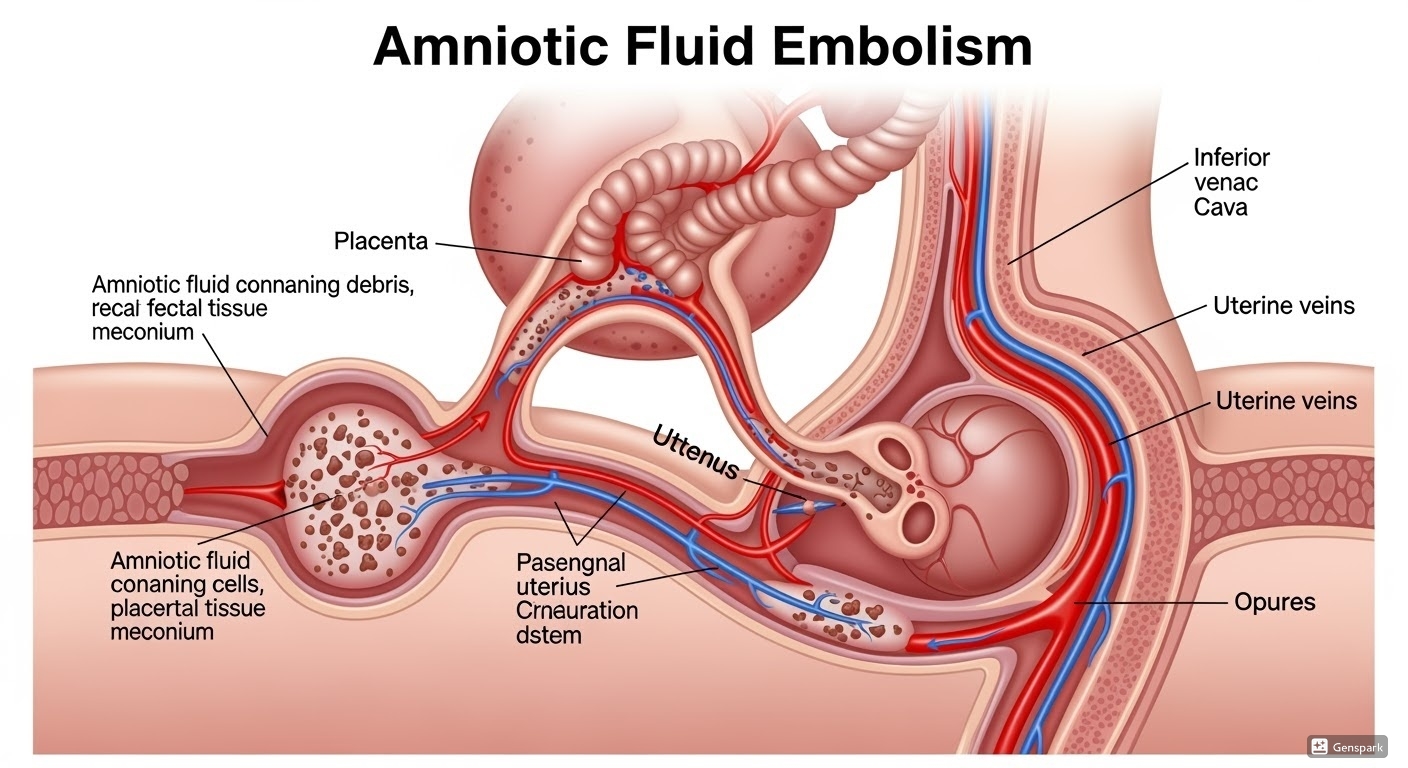 Amniotic fluid embolism pathophysiology showing amniotic debris entering maternal circulation