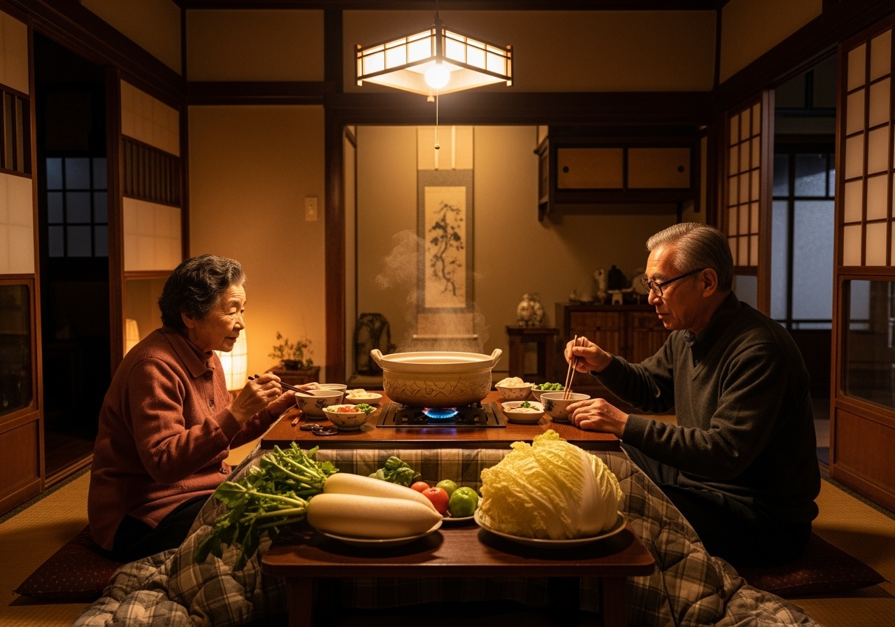 雪景色とこたつ、鍋料理