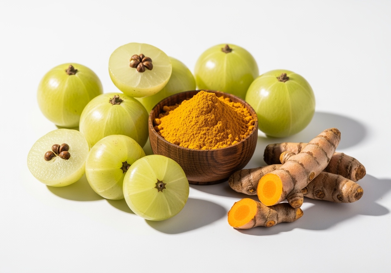 Fresh Amla fruits and golden turmeric powder arranged beautifully