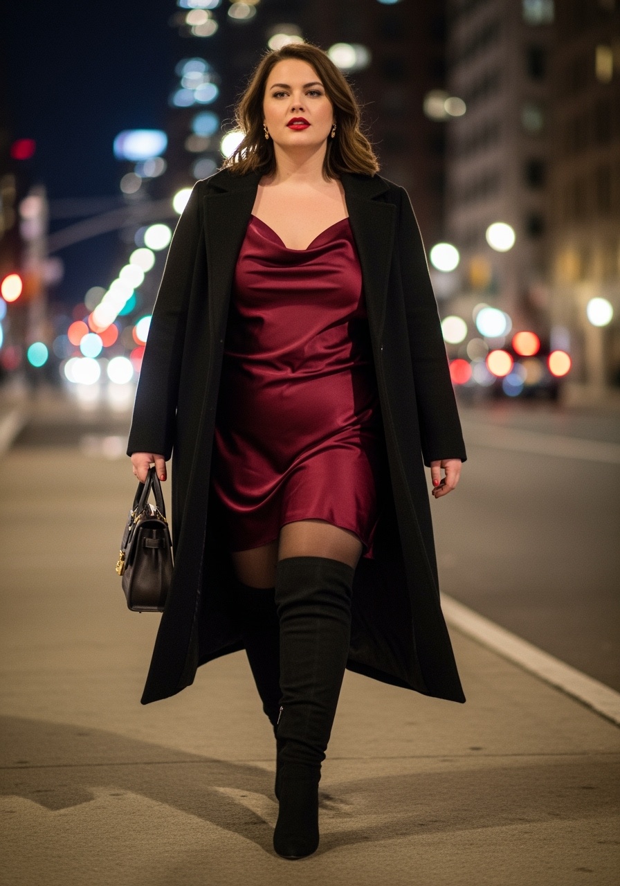 Bold plus-size model in burgundy satin slip dress