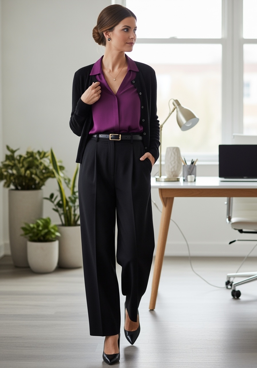 Plum Silk Blouse Cardigan Office Ensemble