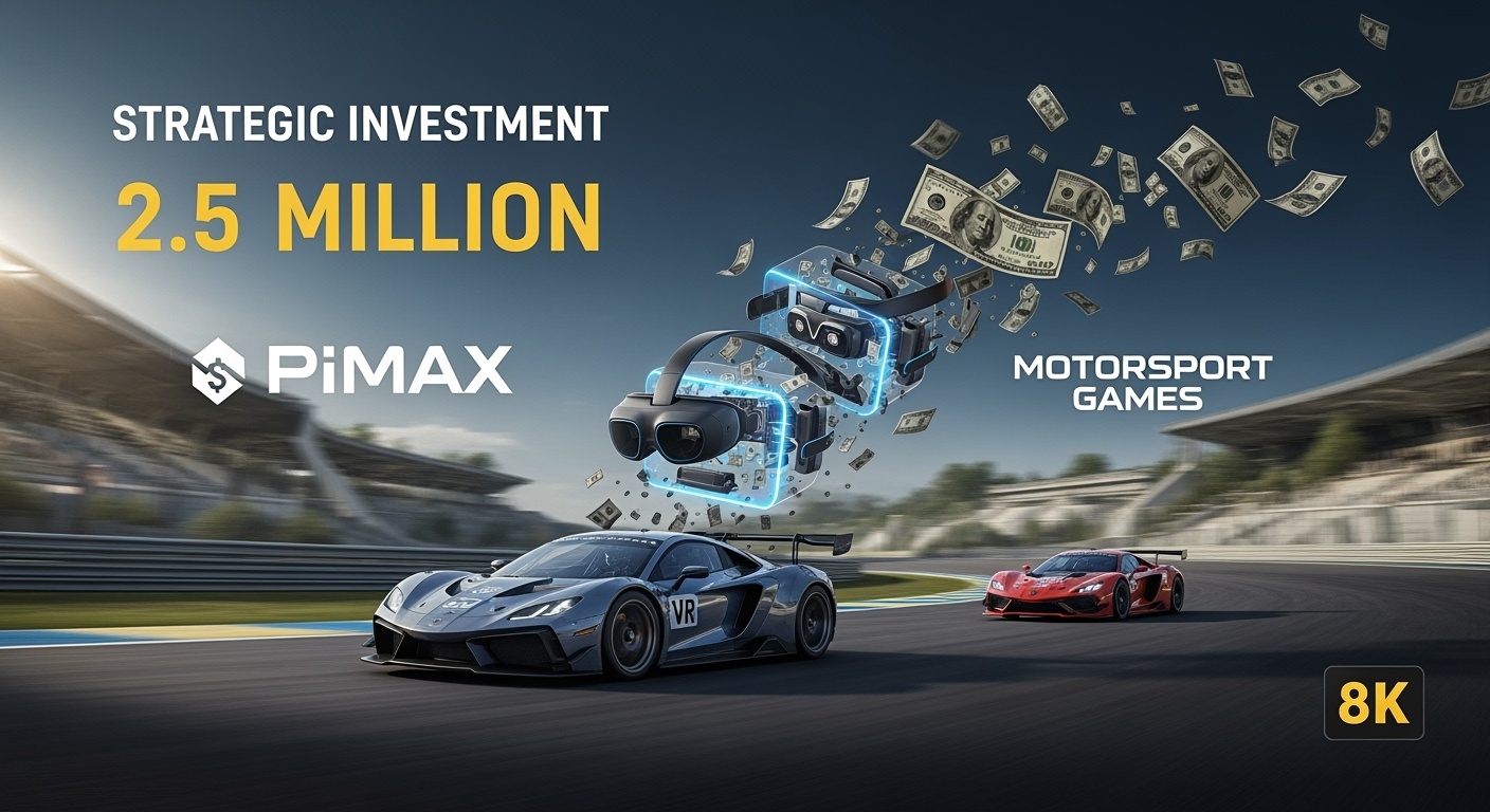 Visualizzazione artistica dell'investimento strategico di 2.5 milioni di dollari tra Pimax e Motorsport Games, mostrando la trasformazione di capitale in tecnologia VR e automobili da corsa