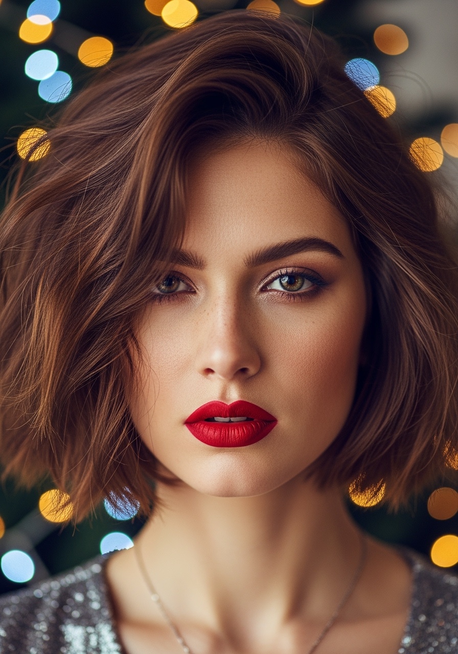Wavy Short Bob with Red Lip Drama