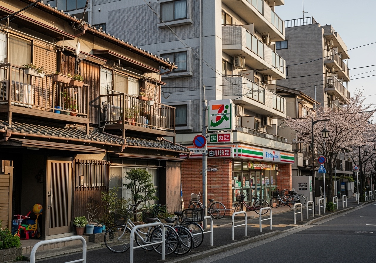 Katsushika ward traditional neighborhood with modern apartments