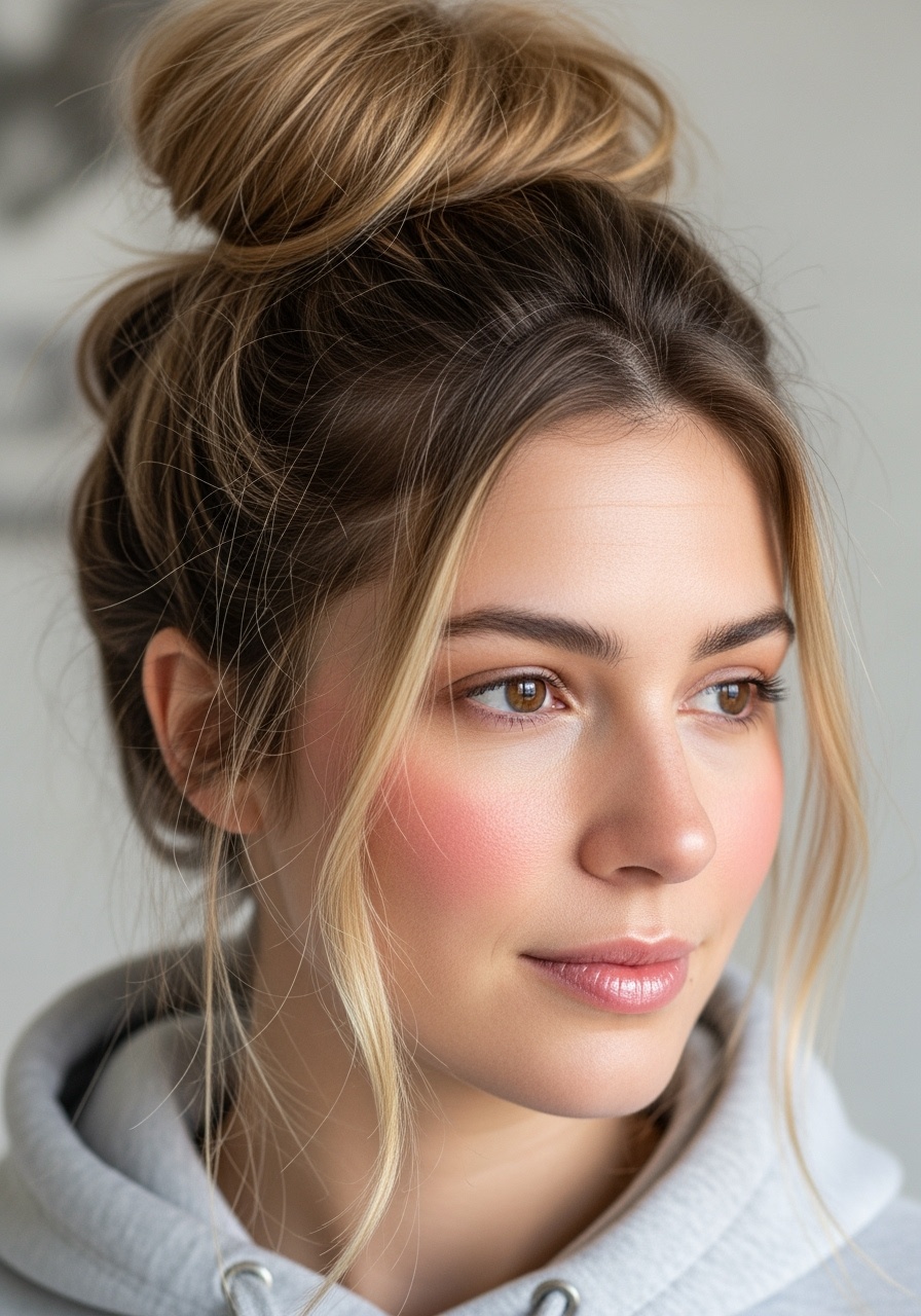 Messy Top Knot with Wispy Strands