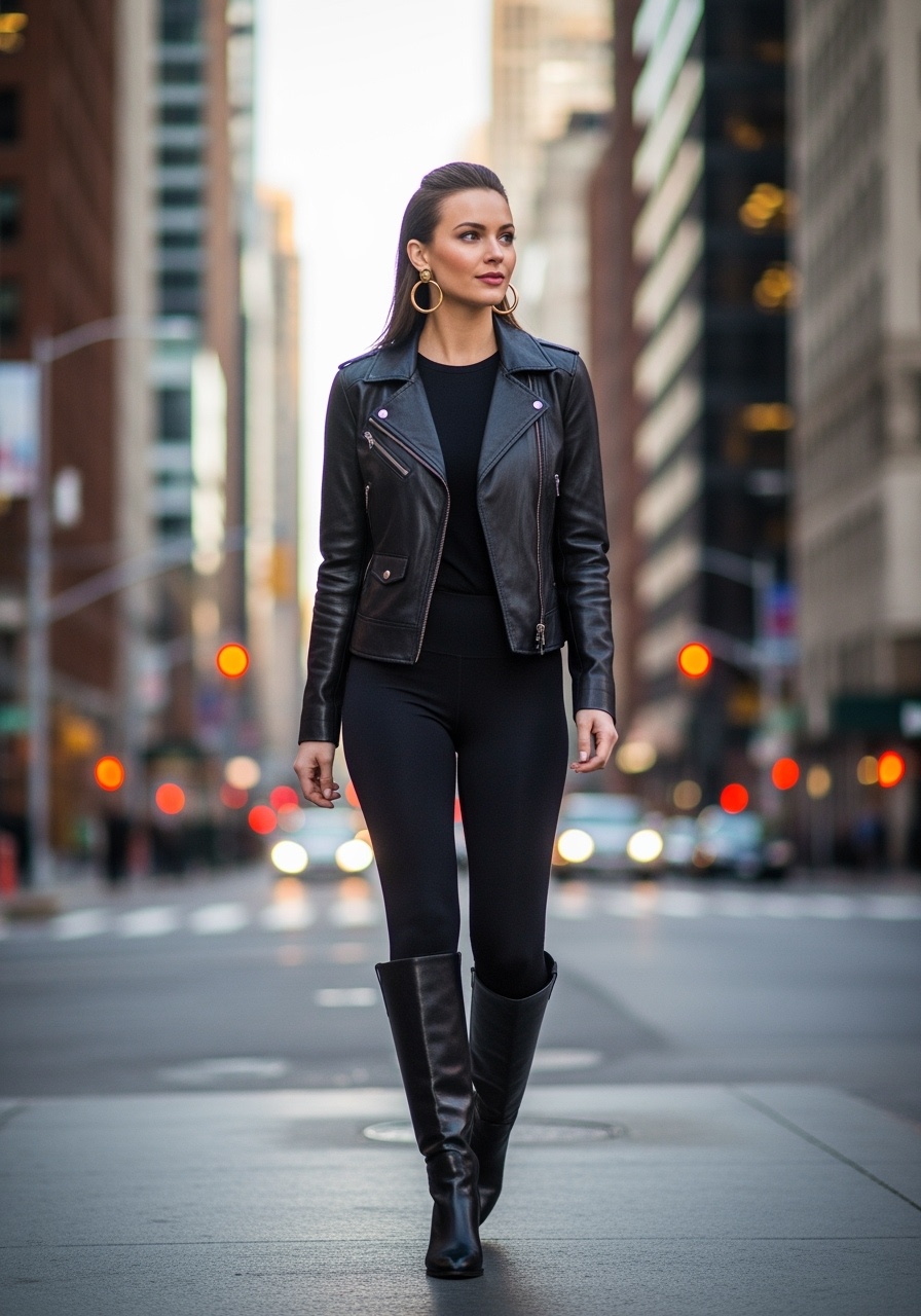 Edgy black leather jacket with leggings