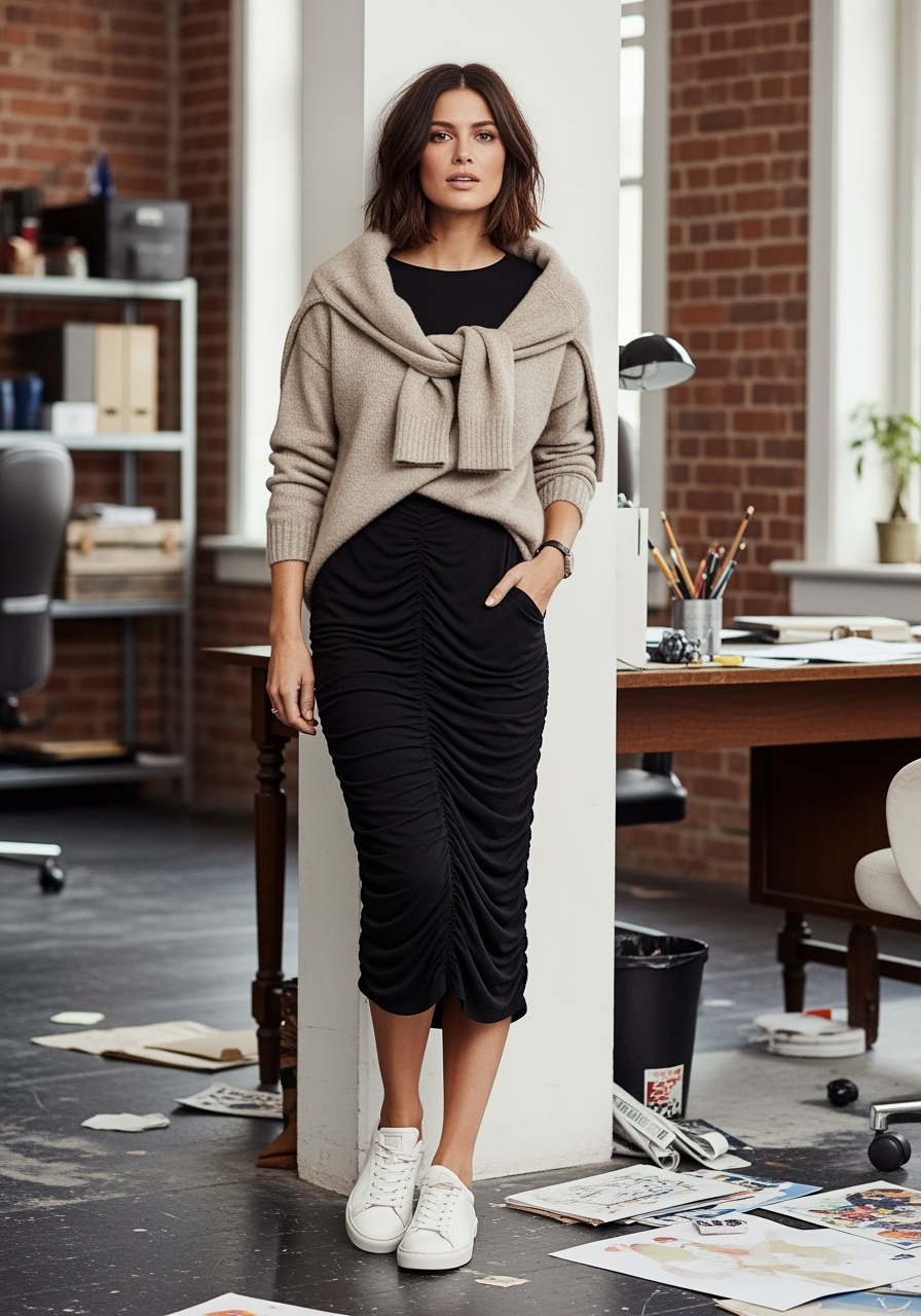 Black Ruched Midi Dress & Beige Oversized Sweater