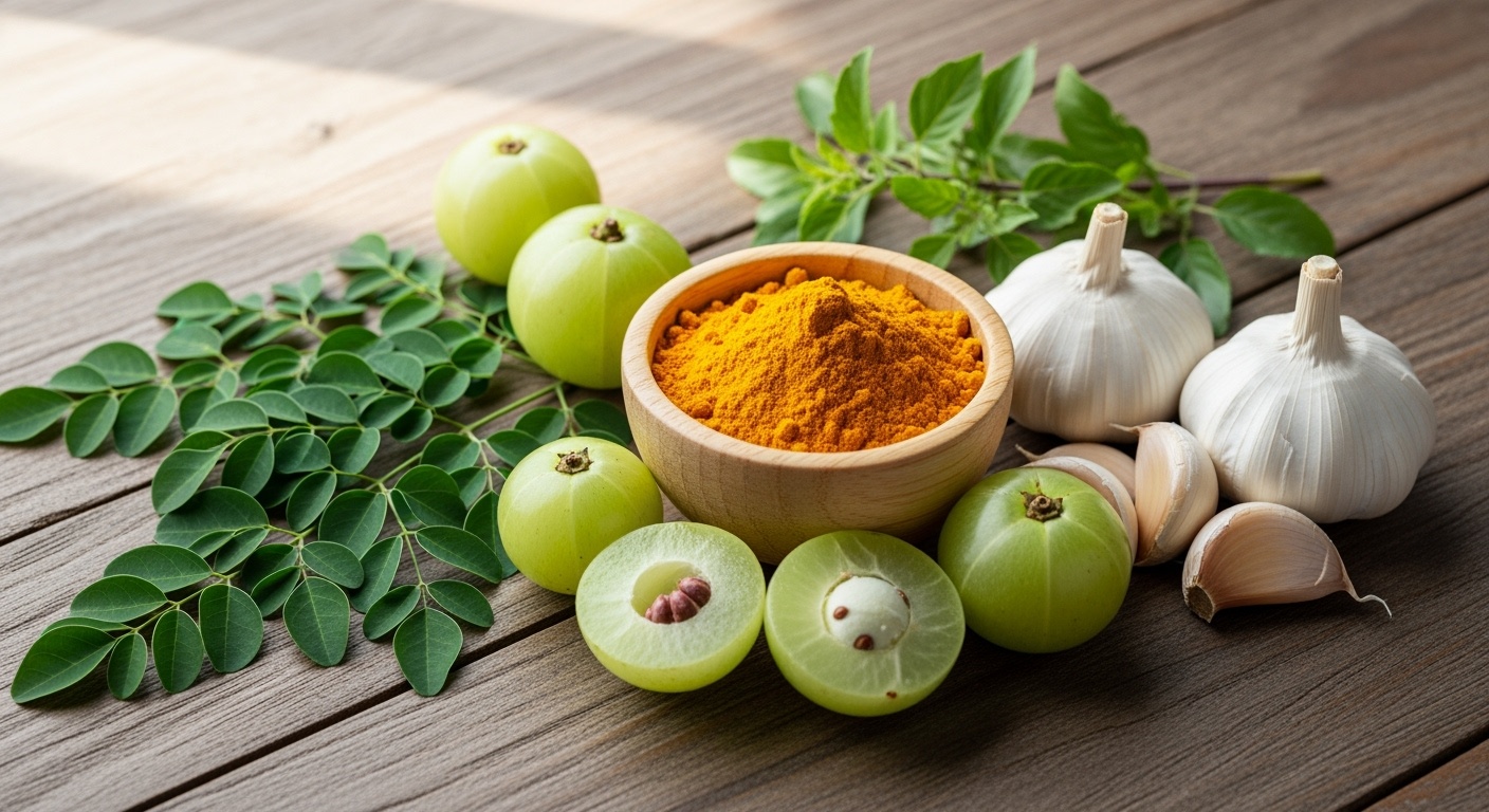 Indian Superfoods for Immunity - Amla, Turmeric, Moringa, Garlic and Tulsi arranged on wooden table