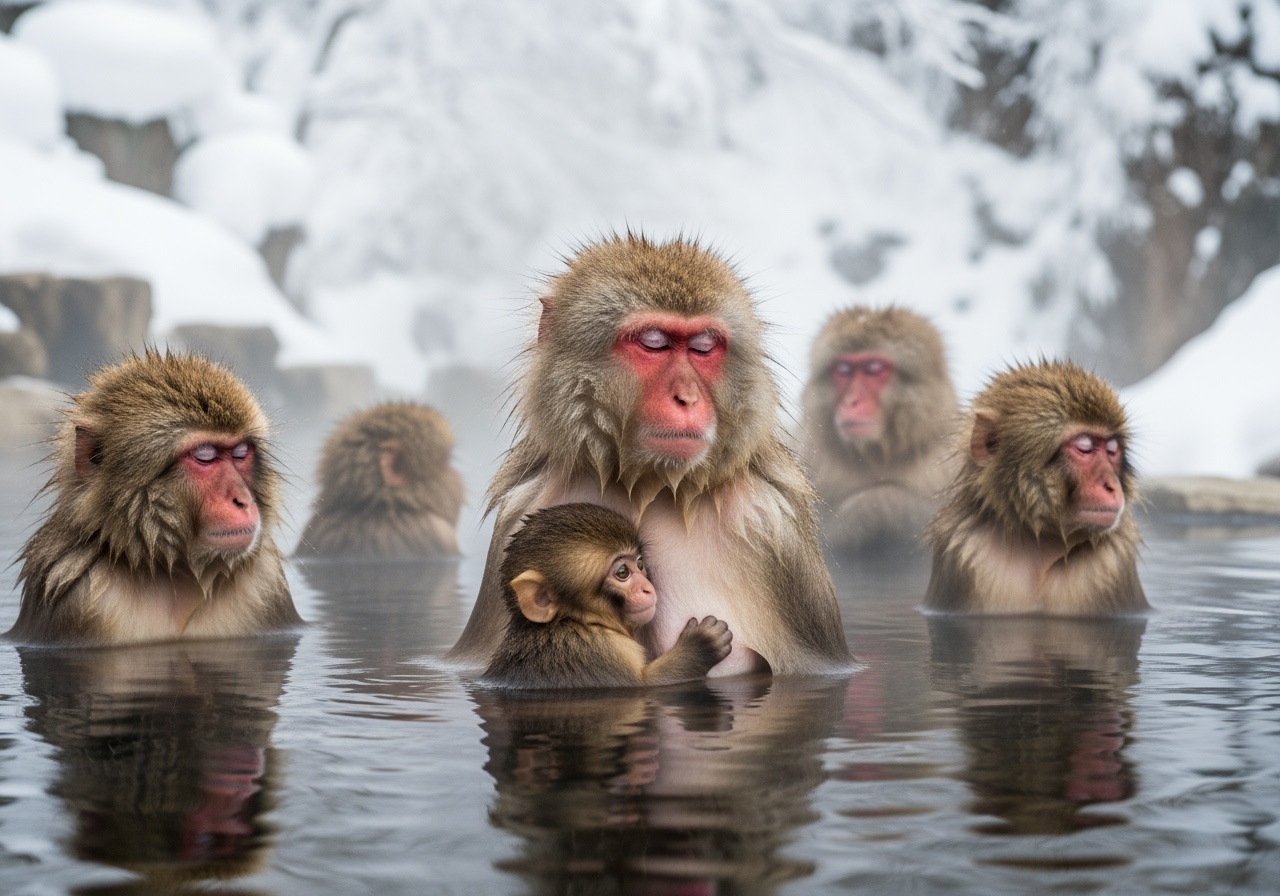 Family of Japanese macaques bathing together in hot springs with mother and baby