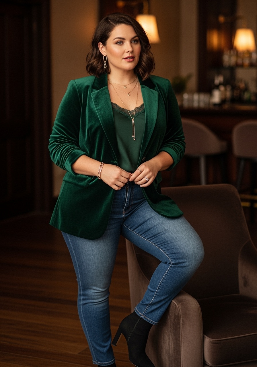 Luxurious curvy woman in emerald velvet blazer