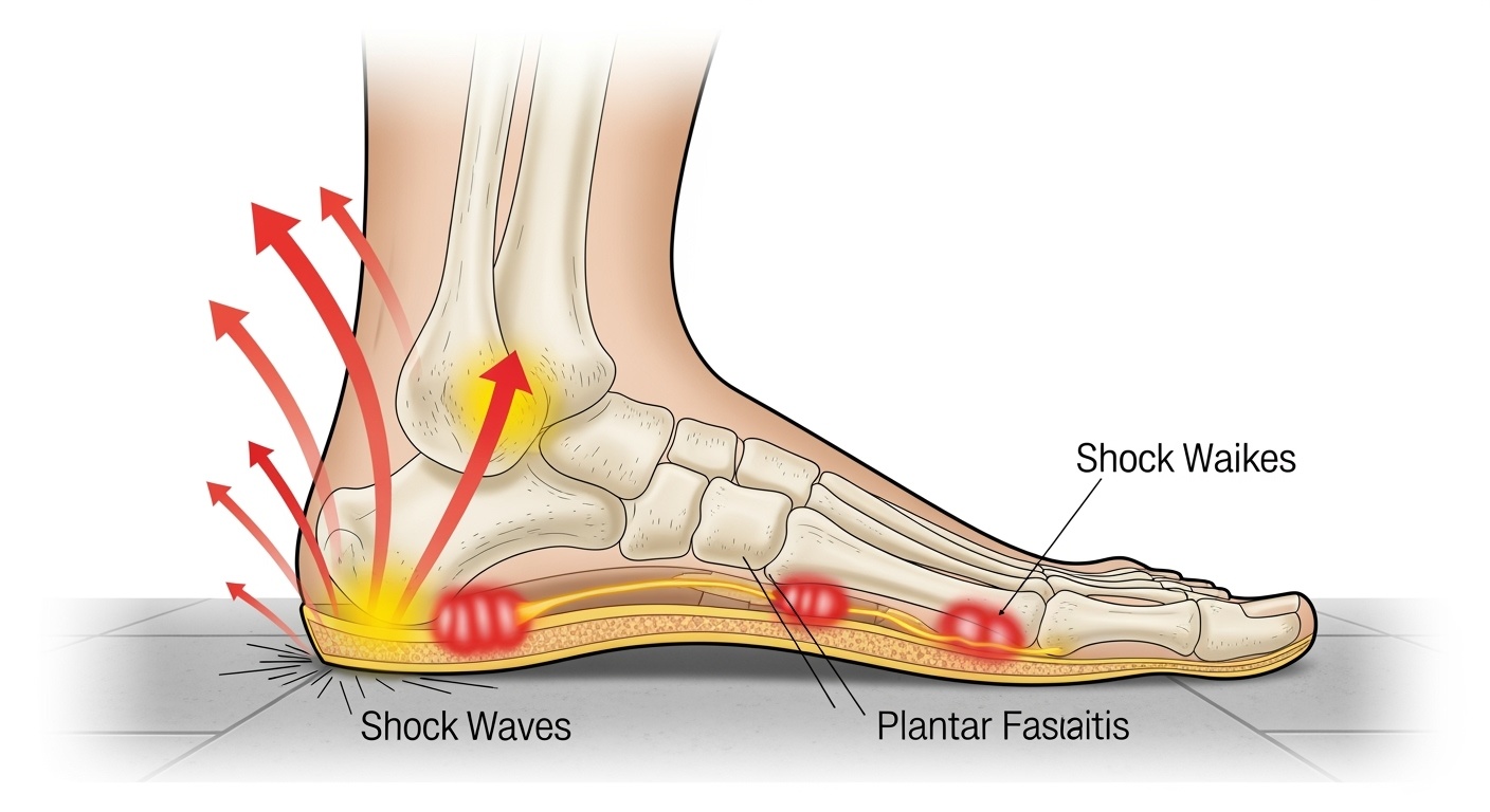 Medical illustration showing foot impact on concrete surfaces with stress points and shock wave patterns affecting the arch, heel, and plantar fascia