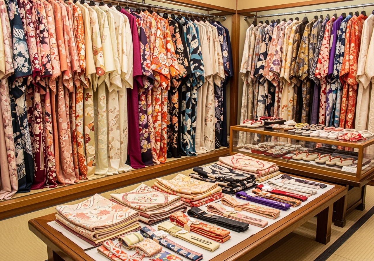 Traditional kimono rental shop interior with colorful kimonos