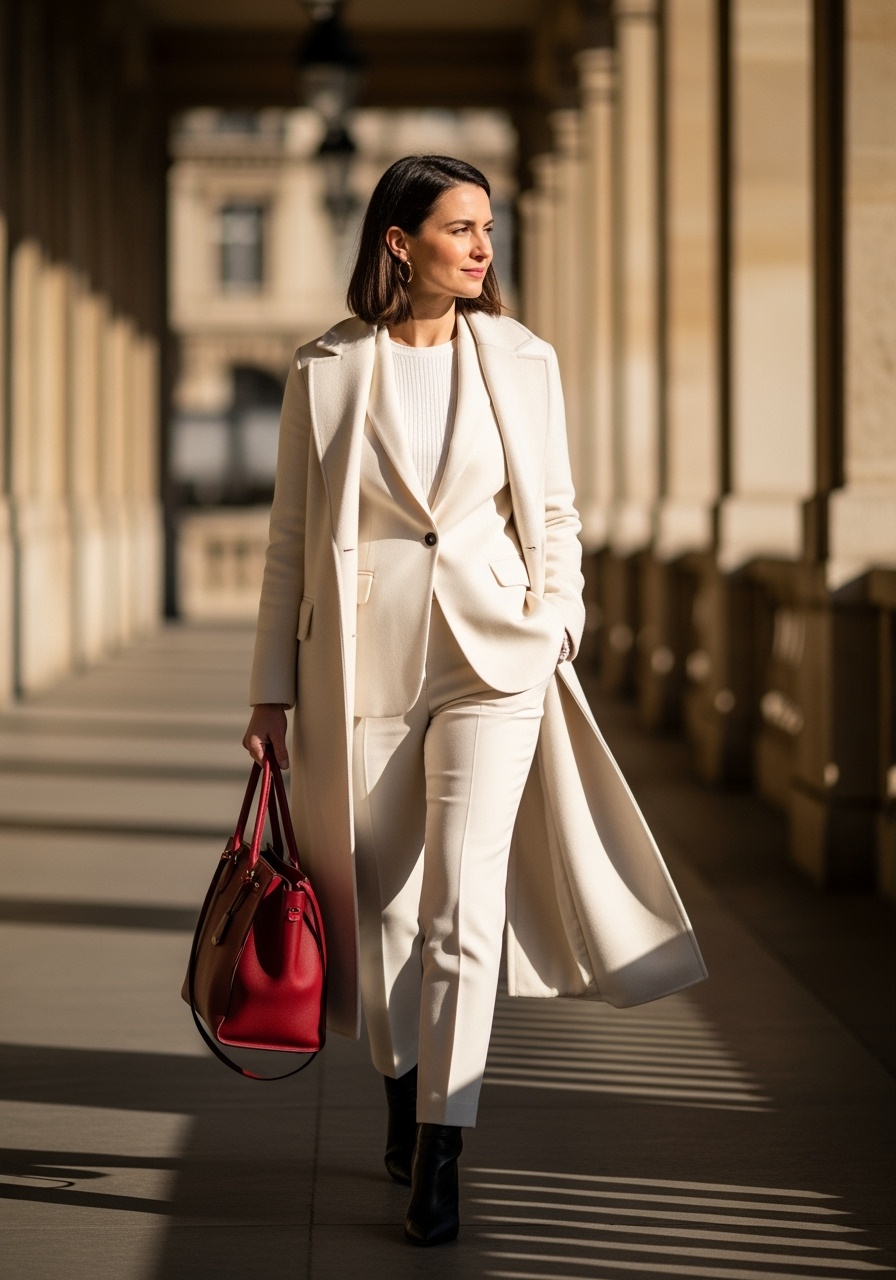 Elegant all-white winter suit