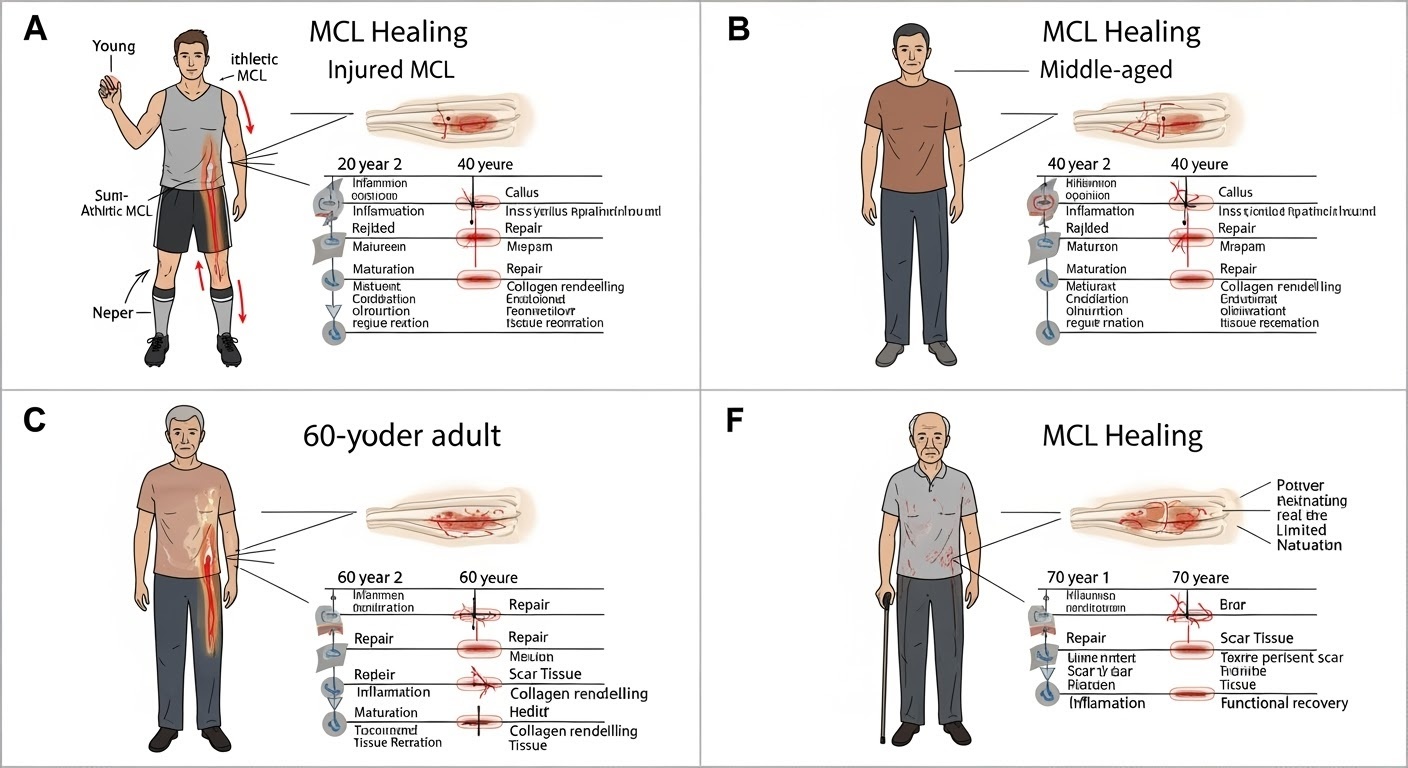 Age progression showing MCL healing across different life stages