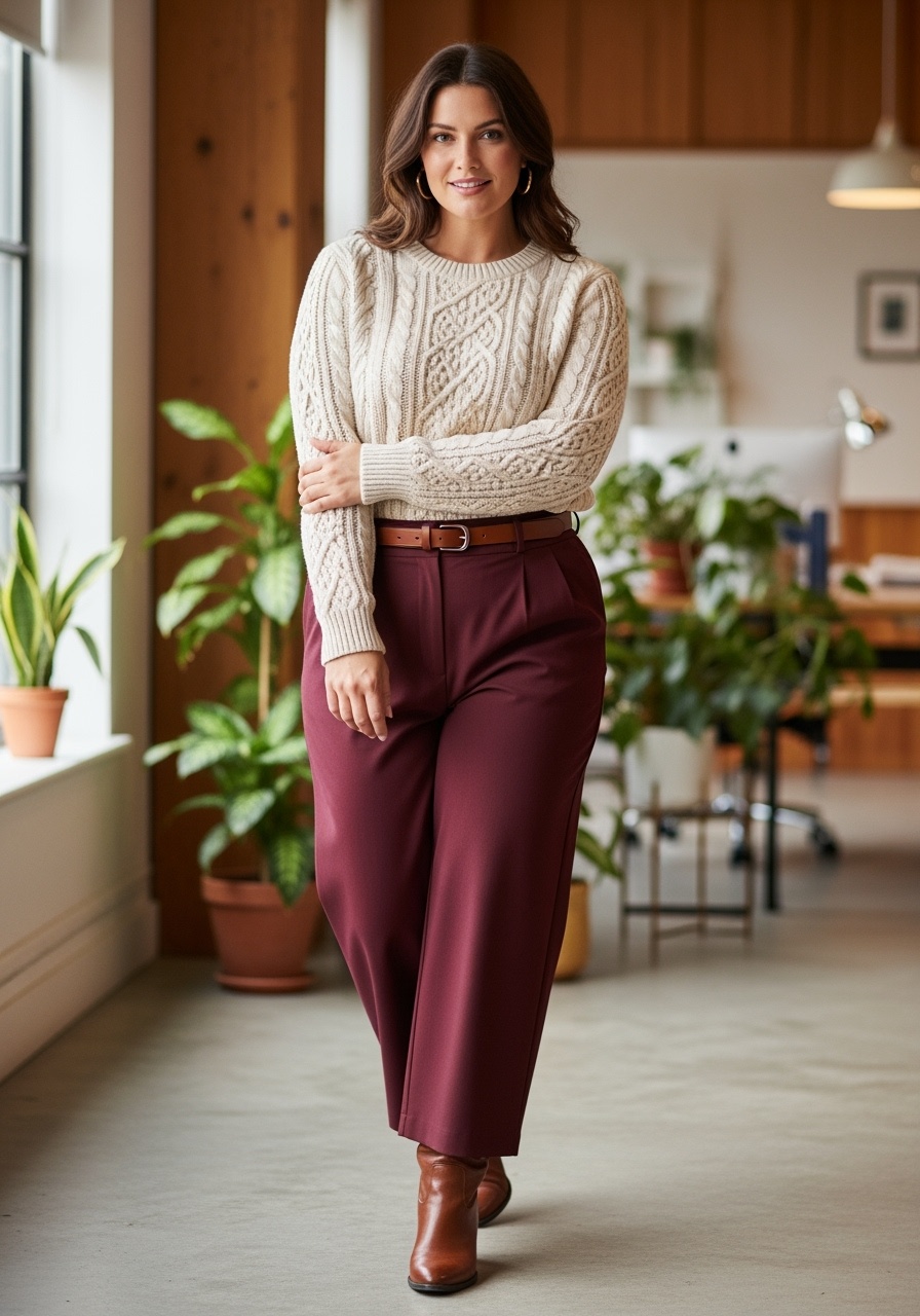 Cream Cable Knit Sweater Burgundy Trousers Office Style