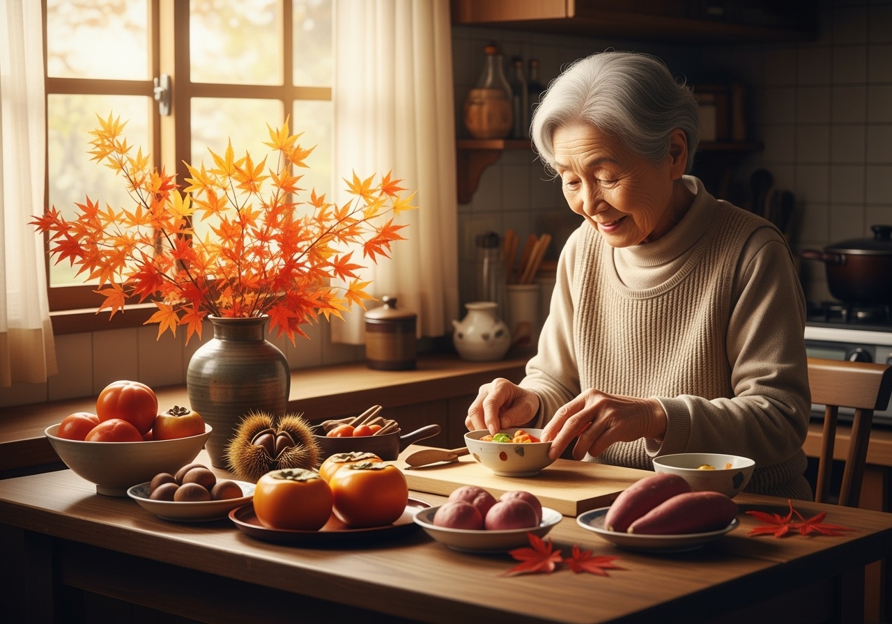 秋の紅葉と柿、栗、さつまいも