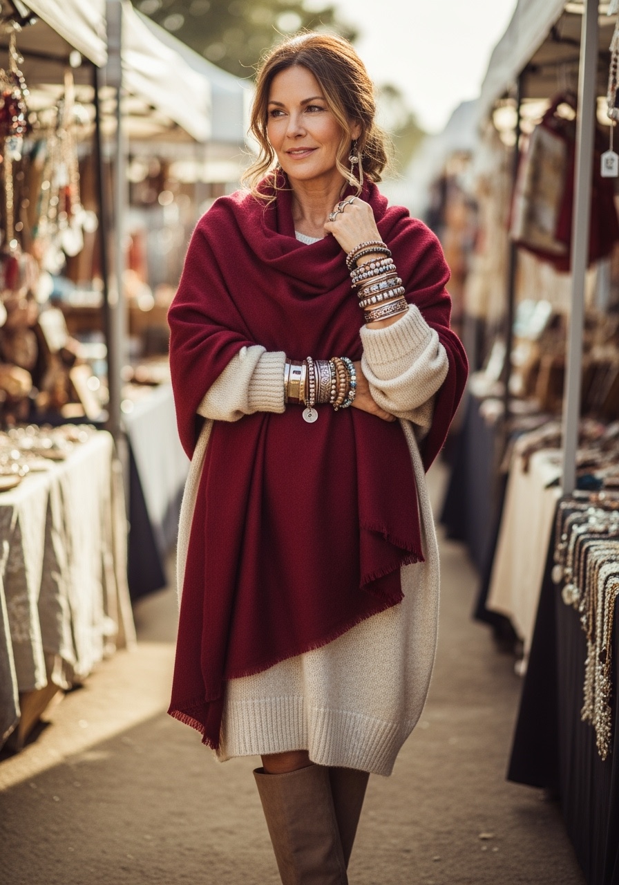 Bohemian burgundy shawl with oversized sweater dress