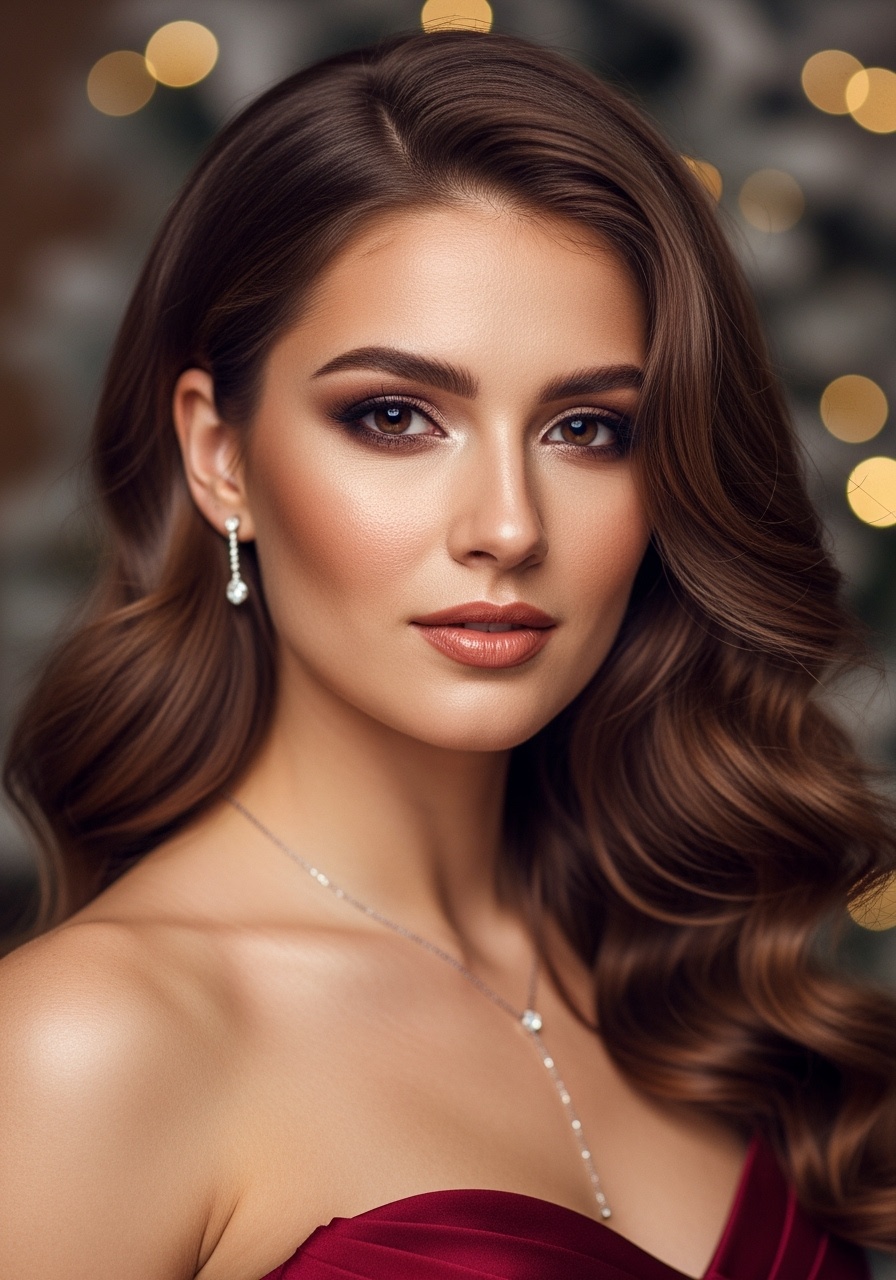 Soft Chocolate Waves with Strapless Dress