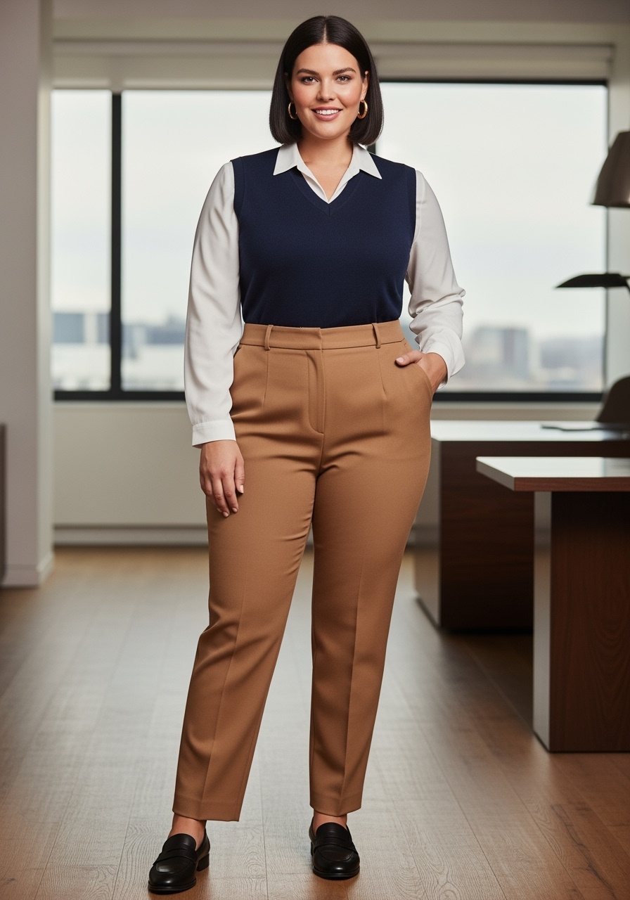 Preppy plus-size model in fitted sweater vest