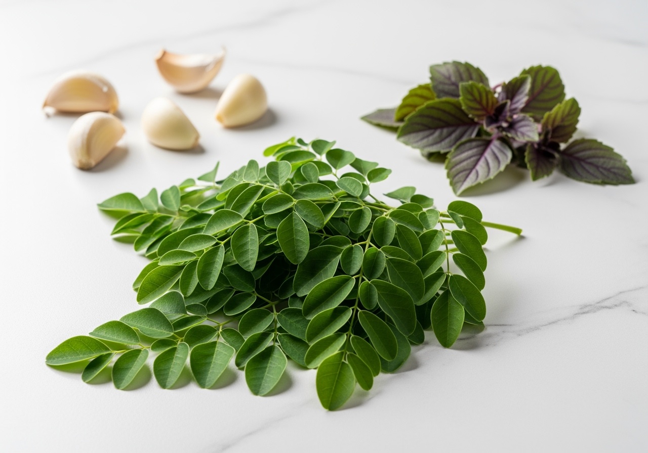 Fresh moringa leaves, tulsi holy basil leaves, and garlic cloves on marble surface
