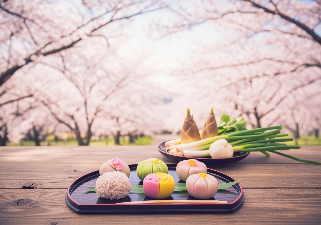 春の桜と和菓子、旬の野菜