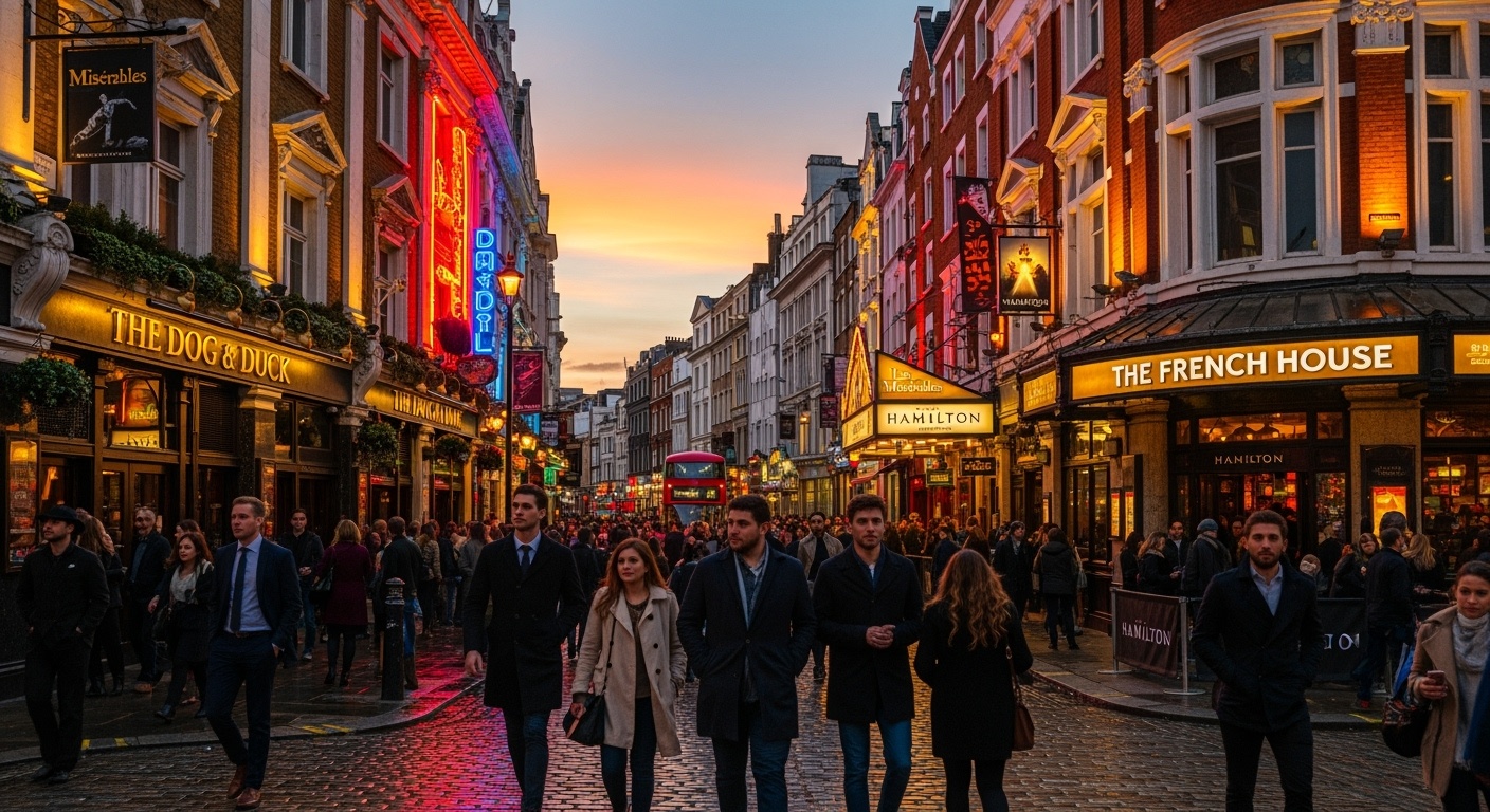 Vibrant Soho street at dusk with neon lights, pubs and artistic atmosphere