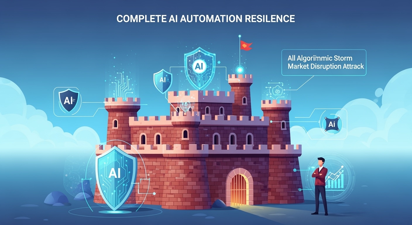 Powerful illustration of impenetrable brick fortress with advanced AI shields deflecting all algorithm storms and market disruption attacks