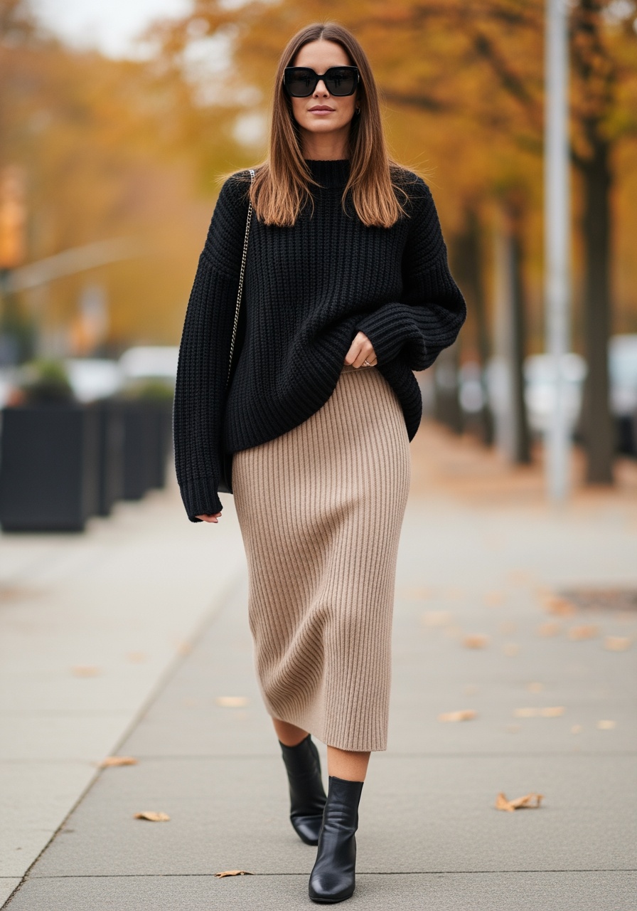Beige Ribbed Midi & Loose Black Sweater