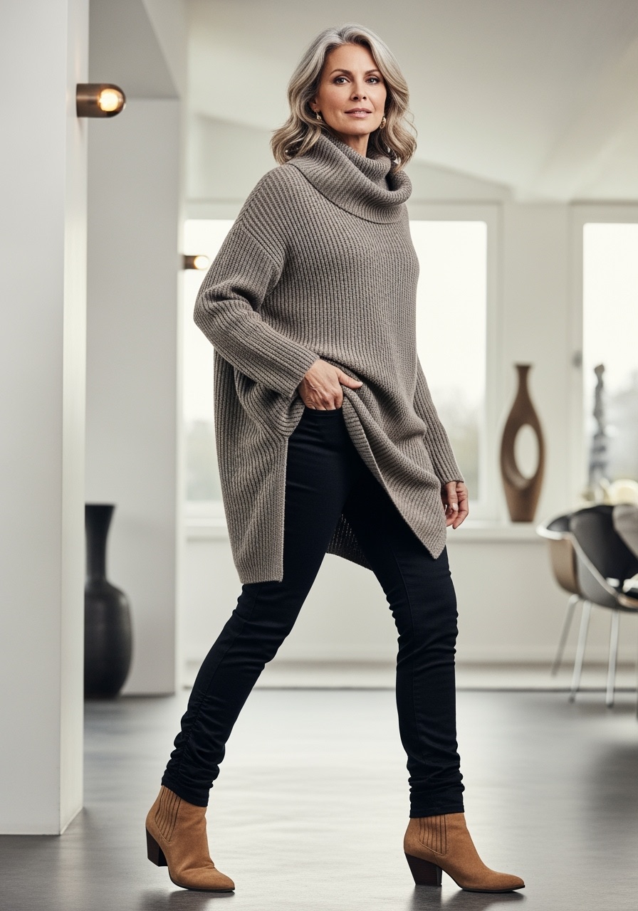 Contemporary asymmetrical knit with skinny jeans