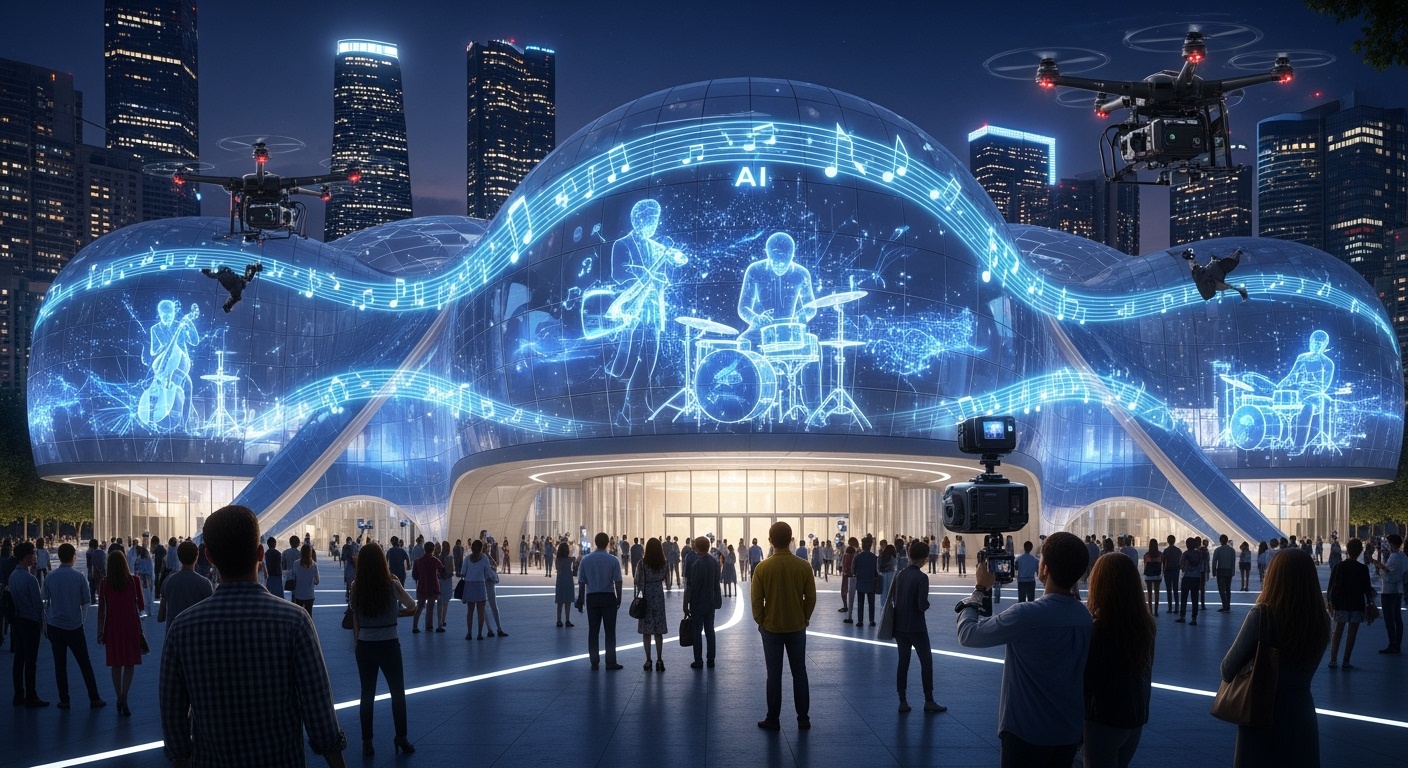 Futuristic concert venue exterior with organic flowing architecture and holographic projections