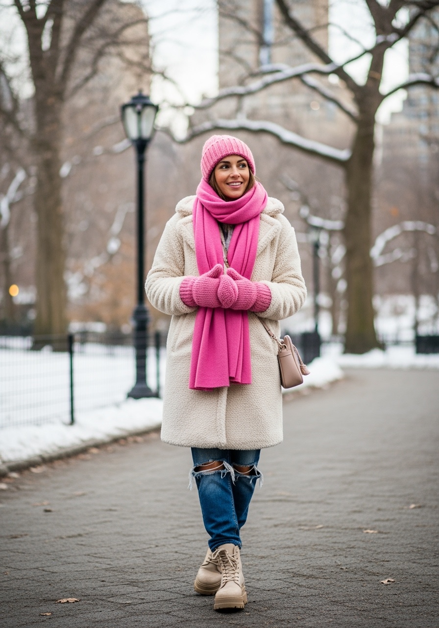 Fuzzy cream teddy coat Central Park