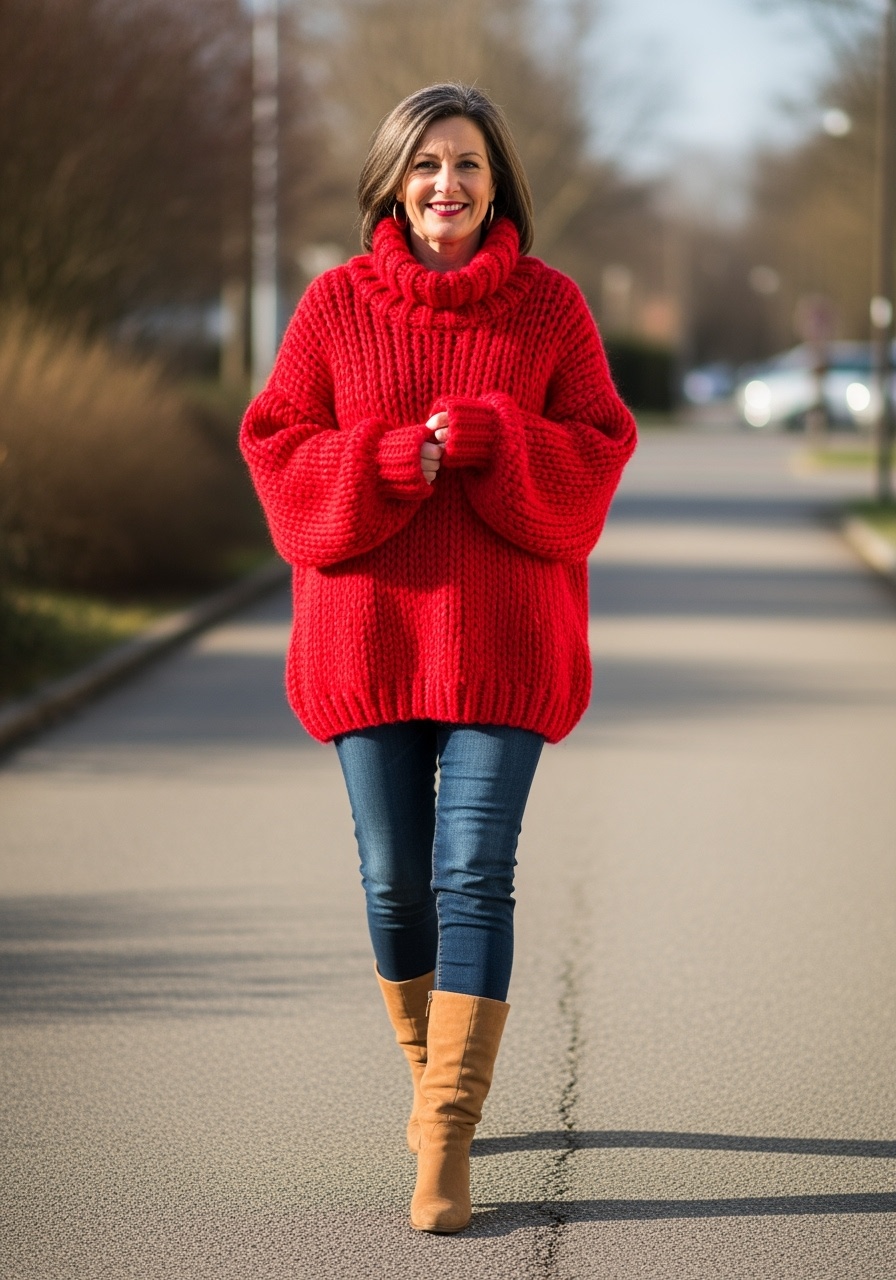Cheerful oversized red sweater with dark jeans and tan boots