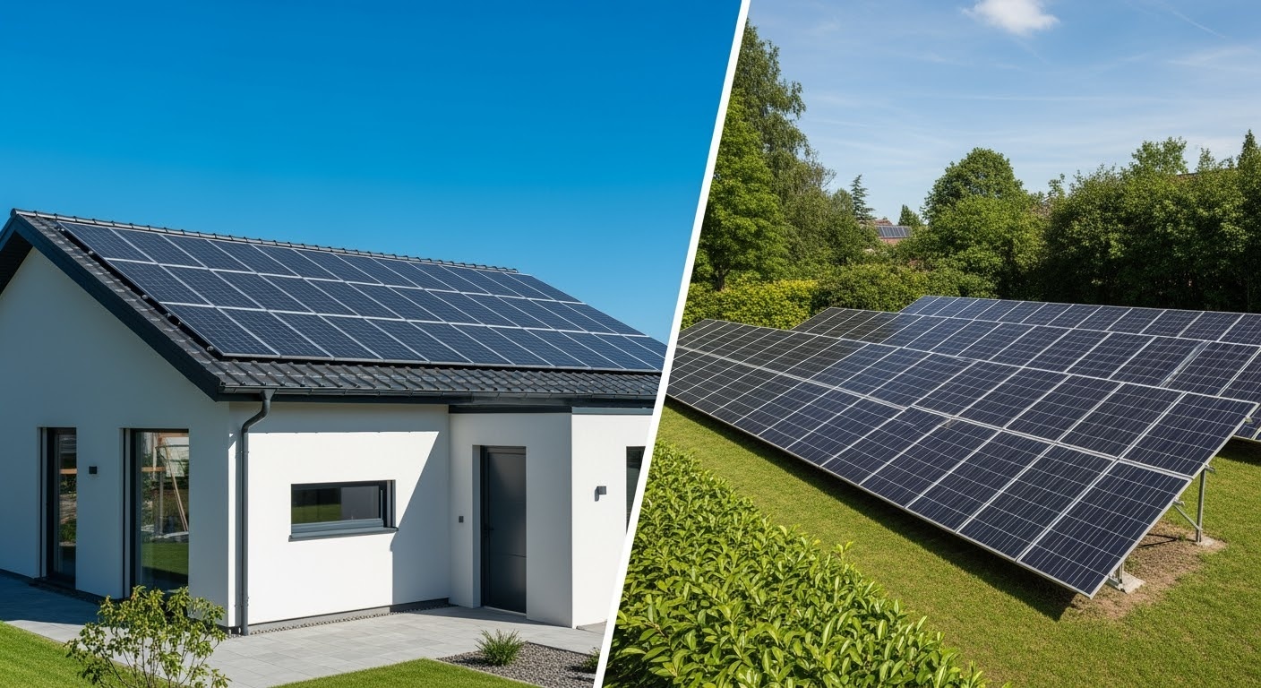 Comparaison visuelle entre installation photovoltaïque en toiture et au sol