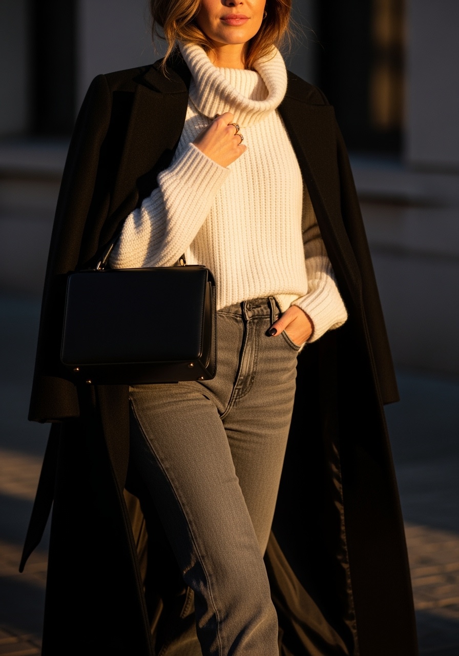Chunky white turtleneck with black coat