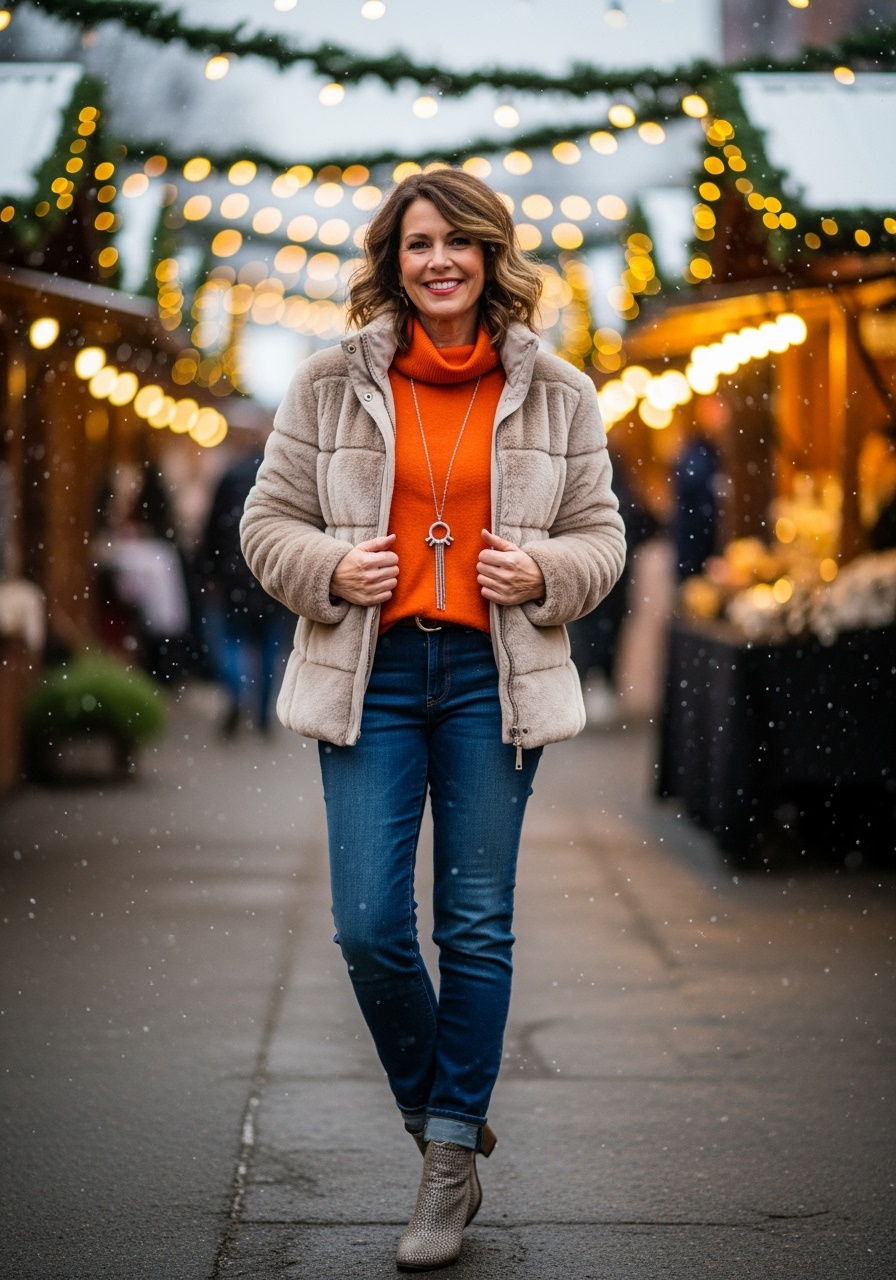 Warm orange turtleneck under luxurious beige fur puffer